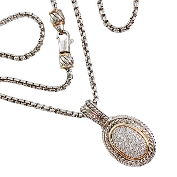 Vintage Signed Two Tone Necklace Pavé Crystal Oval Pendant Box Chain Sparkling - Picture 1 of 14